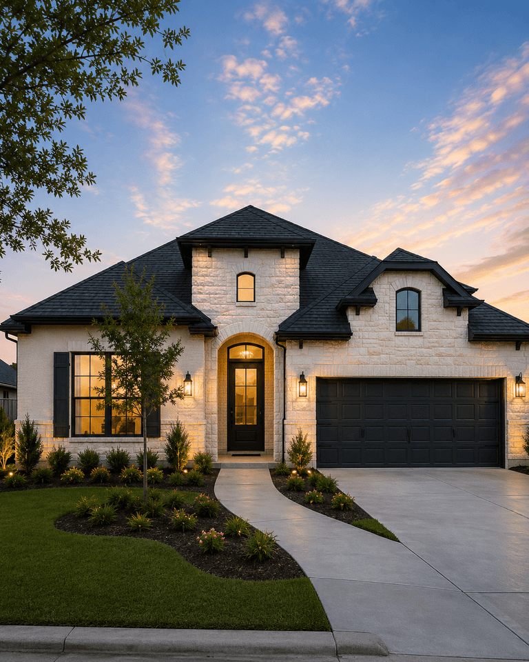 Katy craftsman home — stone-and-brick facade at golden hour