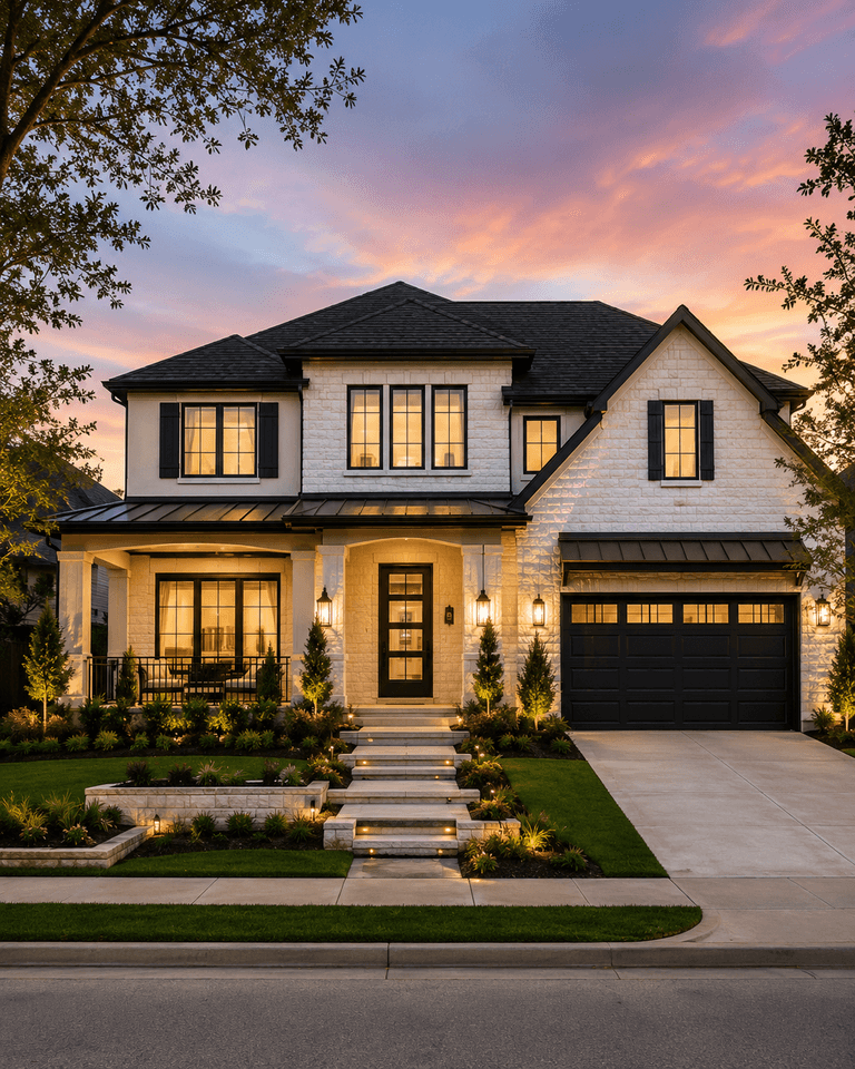 Sugar Land modern home — white-and-black facade at dusk