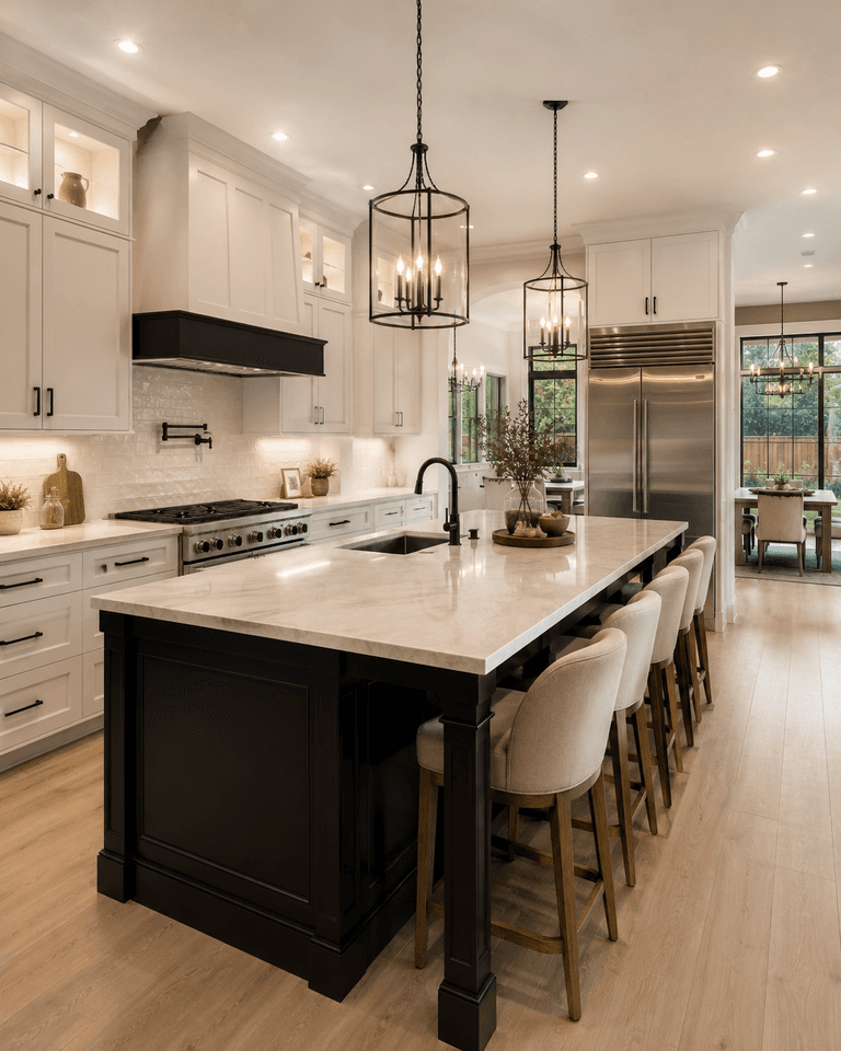 Sugar Land modern home — chef’s kitchen with oversized island