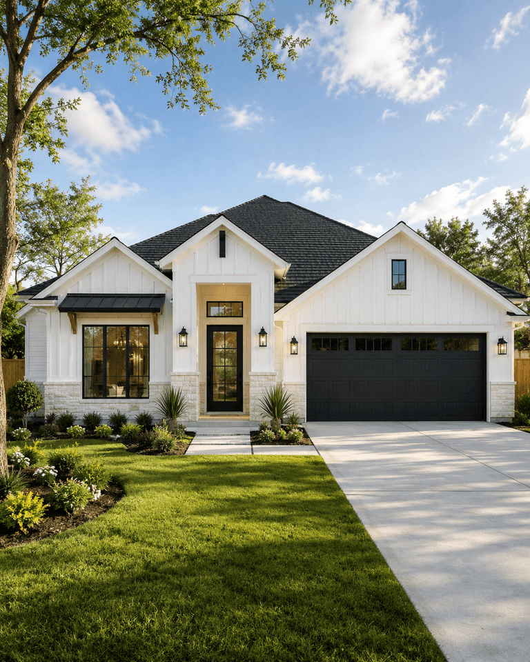 The Woodlands farmhouse — white board-and-batten exterior