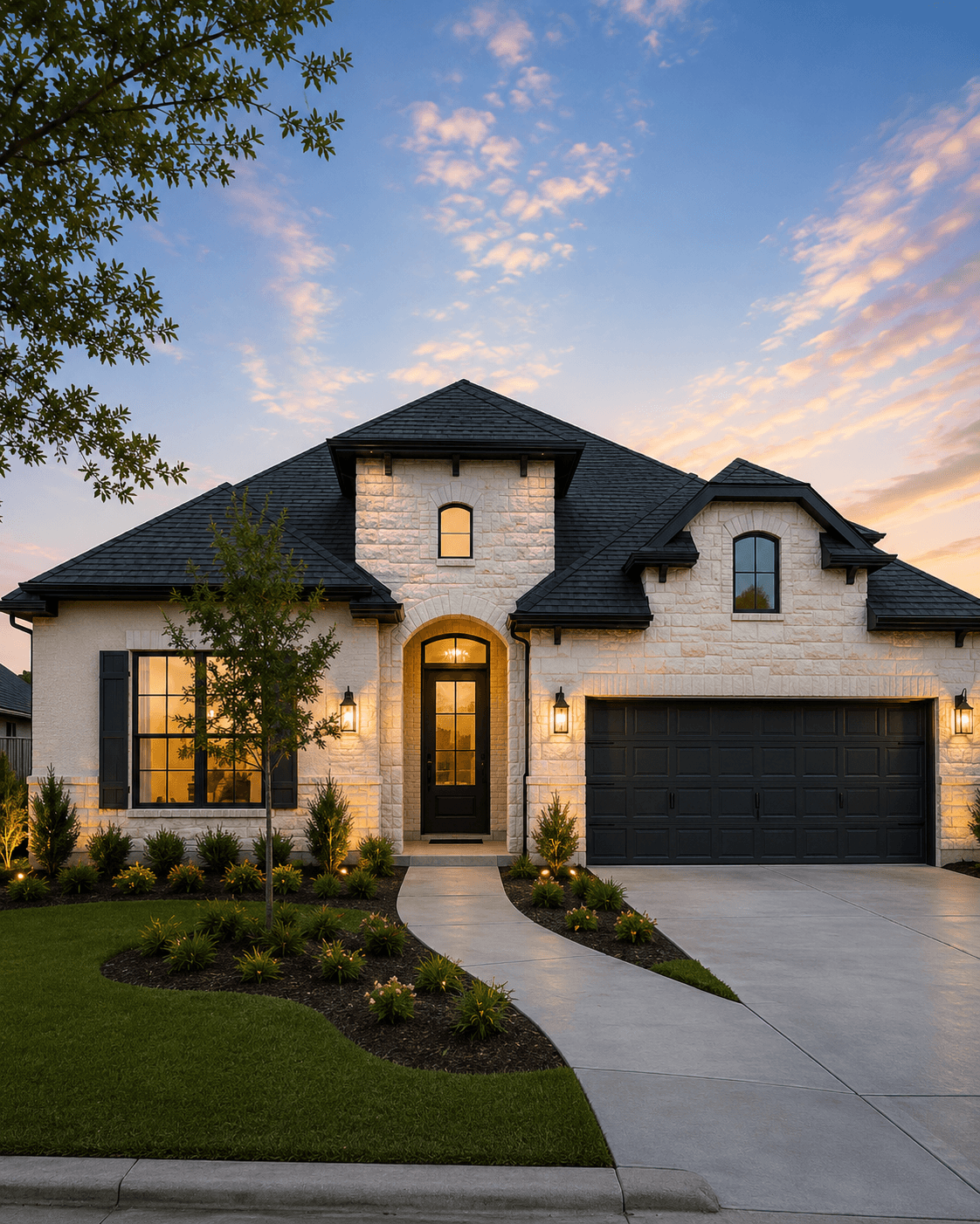Katy craftsman home — stone-and-brick facade at golden hour